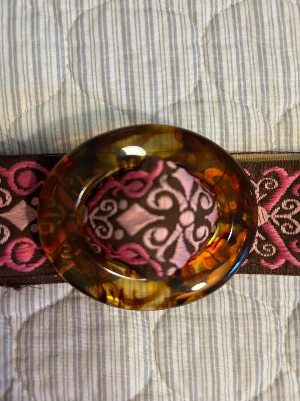 Handmade reversible ribbon belt with faux tortoiseshell buckle